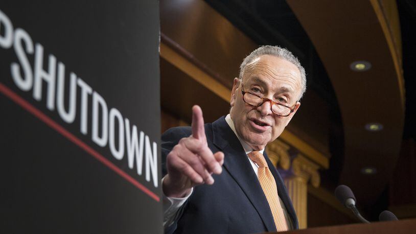 Senate Minority Leader Chuck Schumer (D-N.Y.) speaks at a news conference about the government shutdown on Capitol Hill in Washington, Jan. 20, 2018. Congress appeared to make little headway early Sunday toward ending a two-day-old government shutdown, trading blame as lawmakers reconvened for another rare weekend session. (Erin Schaff/The New York Times)