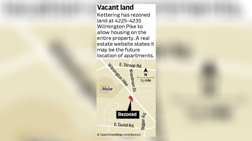 Land at the Woodman Drive and Wilmington Pike split in Kettering may be the location for 18 apartments, a real estate website states. STAFF