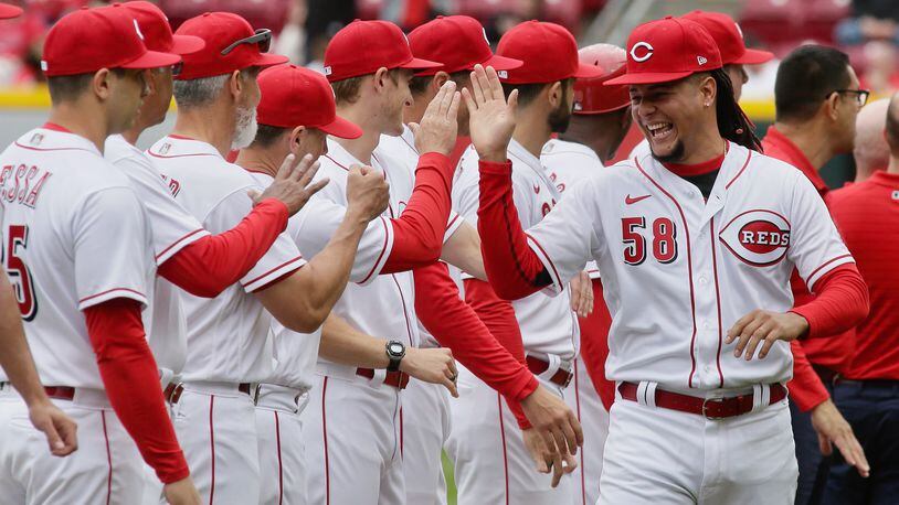 Reds starter Luis Castillo is introduced on Opening Day in Cincinnati on April 12, 2022, at Great American Ball Park. David Jablonski/Staff