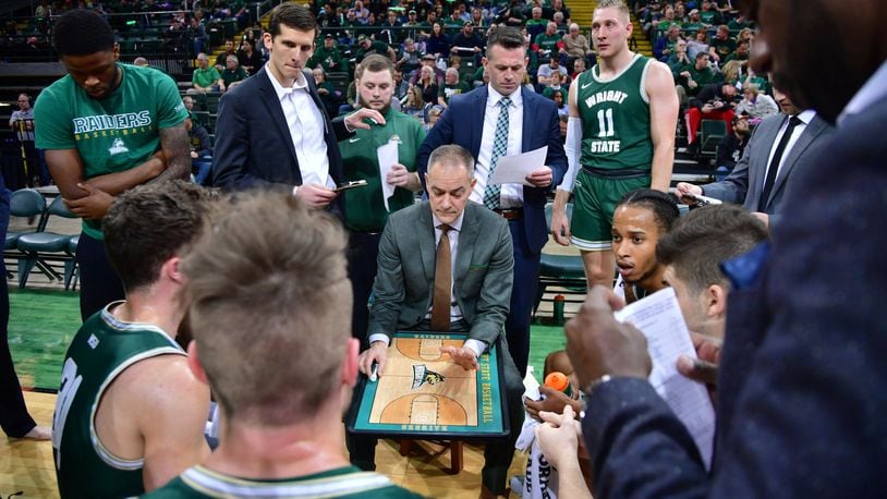 Wright State coach Scott Nagy draws up a play during Friday night’s game vs. NKU at the Nutter Center. Joseph Craven/WSU Athletics