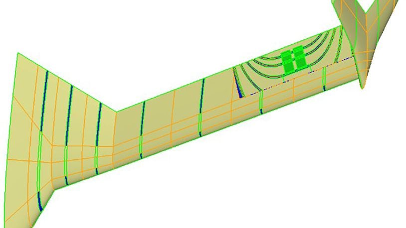 Air Force Research Laboratory showcases an illustration of the location of morphing control surface on a representative half-span wind tunnel model Sept. 2 at Wright-Patterson Air Force Base. This illustration highlights the innovations the Aerospace Systems Directorate team achieved in advancing aileron technologies. CONTRIBUTED GRAPHIC