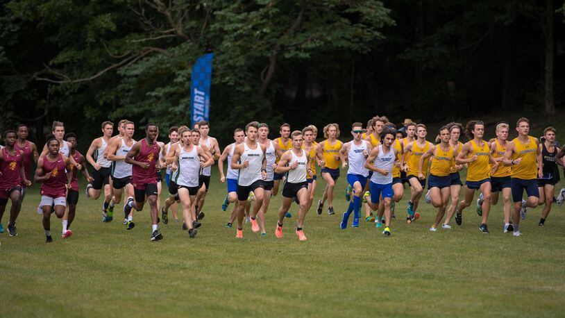 The Wright State men's cross country team at the start of the Mike Baumer XC Classic at Fairborn Community Park on Sept. 3, 2021. Joseph Craven/Wright State Athletics photo