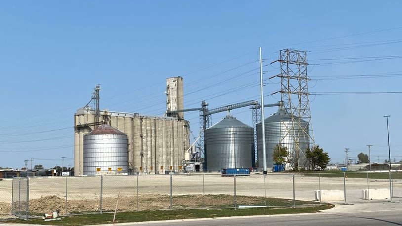 The southern side of the former Landmark grain facility that will soon be demolished shows the large metal silo designed to hold 320,000 bushels of grain built in 1975 and Building Number 2, containing twelve concrete silos each designed to hold 89,000 bushels of grain constructed in 1967 that will be demolished this fall.  Photo courtesy Cargill