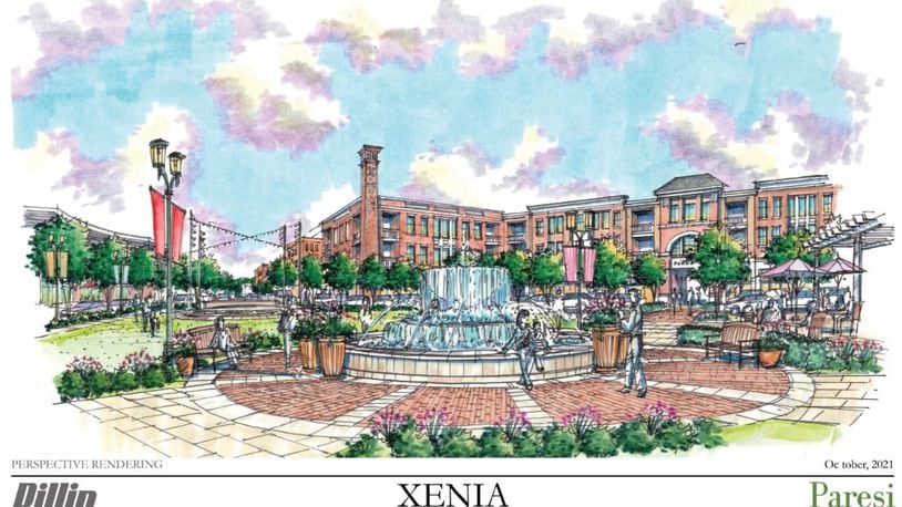 A sketch rendering of the proposed redevelopment of Xenia Towne Square, showing the proposed public plaza in the center of the development.