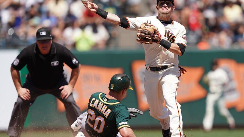 SAN FRANCISCO, CA - AUGUST 14: Scooter Gennett #14 of the San Francisco Giants completes the double-play throwing over the top of Mark Canha #20 of the Oakland Athletics in the top of the fifth inning at Oracle Park on August 14, 2019 in San Francisco, California. (Photo by Thearon W. Henderson/Getty Images)