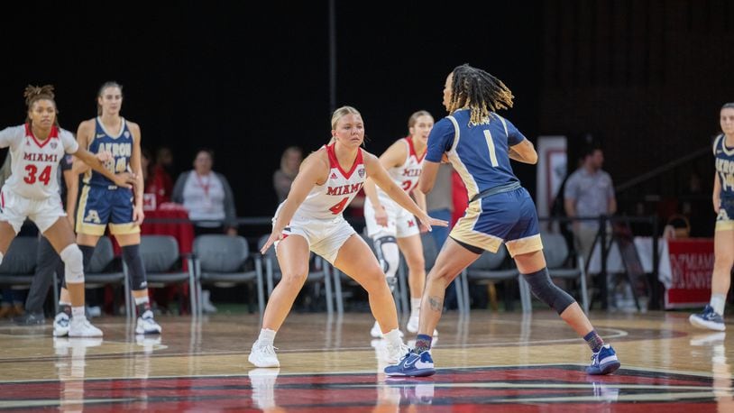 Miami's Ivy Wolf (4) defends during a game against Akron earlier this season at Millett Hall. Miami University photo