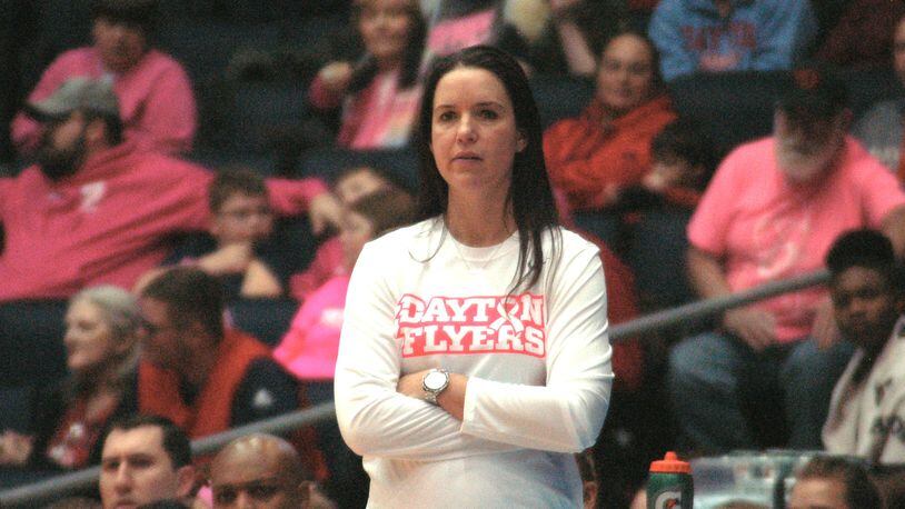 Dayton women’s basketball coach Shauna Green looks on during Sunday’s game vs. VCU at UD Arena. The Flyers won 74-64 to improve to 11-0 in Atlantic 10 play. John Cummings/CONTRIBUTED