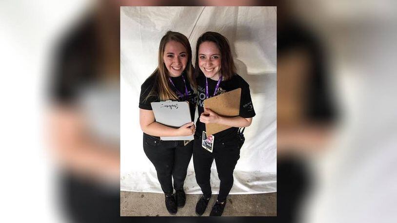 Cedarville University Worship students Megan Newsted (left) and Laura Skaggs take a break from their busy day at the GMA Dove Awards. Newsted and Skaggs are part of a select group of student volunteers chosen by the GMA Academy to volunteer at the ceremony. CONTRIBUTED