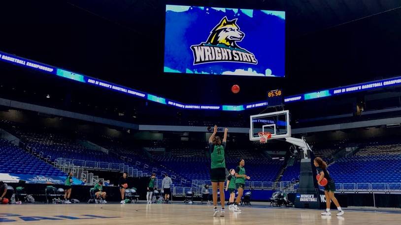 The Wright Sate University women's basketball team practicing Thursday at the Alamodome in San Antonio. The team will face the University of Arkansas in the first round of the NCAA Tournament on Monday./ Contributed