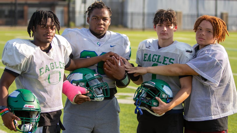 Chaminade Julienne's Four Wingmen form a backfield that has helped lead the Eagles to a 4-1 start. Left to right, Aiden Lowery, Nydrell Wright, Ethan Stacey and Malachi Ringer. Jeff Gilbert/CONTRIBUTED