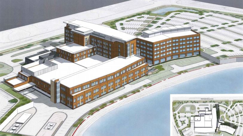 Beavercreek planning documents show the proposed three-story expansion at Soin Medical Center lining the pond at the campus. CONTRIBUTED