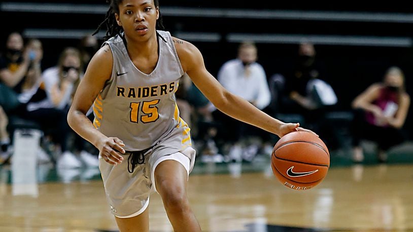 Wright State guard Angel Baker drives to the paint against Northern Kentucky during a Horizon League quarterfinal at the Nutter Center in Fairborn Mar. 2, 2021. Wright State won 74-56. E.L. Hubbard/CONTRIBUTED