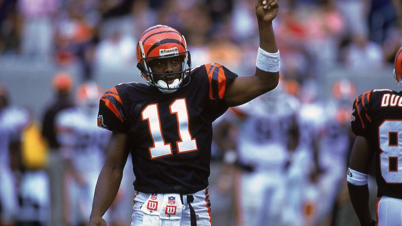 10 Sep 2000: Akili Smith #11 of the Cincinnati Bengals signals from the field during the game against the Cleveland Browns at the Paul Brown Stadium in Cincinnati, Ohio. The Browns defeated the Bengals 24-7.Mandatory Credit: Jonathan Daniel /Allsport