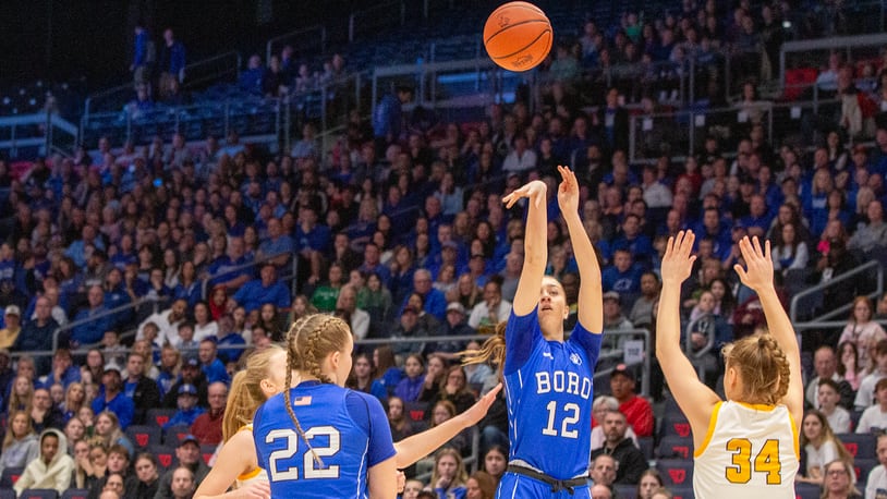 Springboro's Bryn Martin shoots from three-point range during the Division I state title game against Olmsted Falls at UD Arena. Jeff Gilbert/CONTRIBUTED