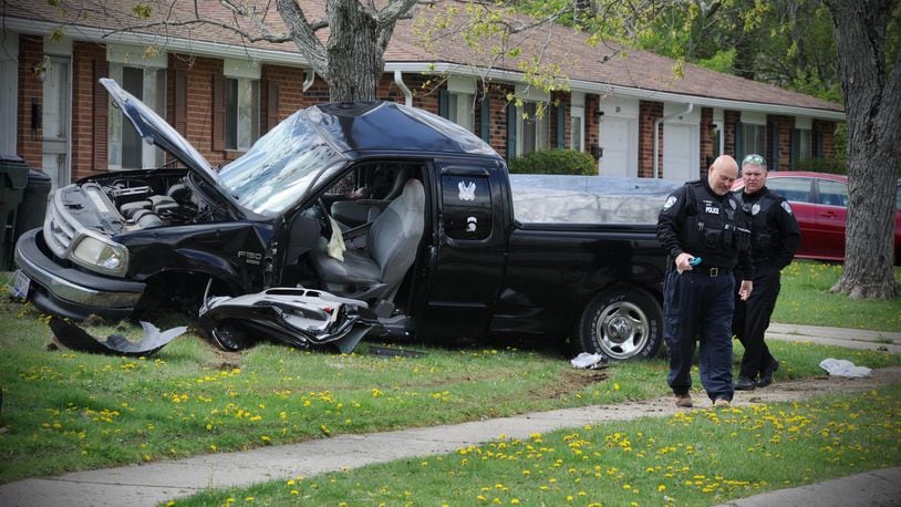 The driver of a pickup truck crashed into a tree on Silver Rock Avenue in Butler Twp. Friday, April 16, 2021. MARSHALL GORBY\STAFF