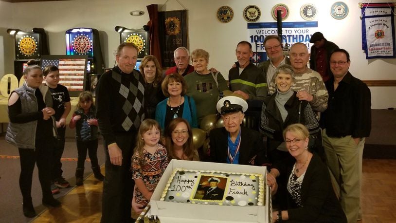 Pearl Harbor survivor Frank Ruby of Vandalia marks his landmark birthday surrounded by family and friends at a party on Veterans Day at the VFW post on Wilmington Pike in Kettering. CONTRIBUTED