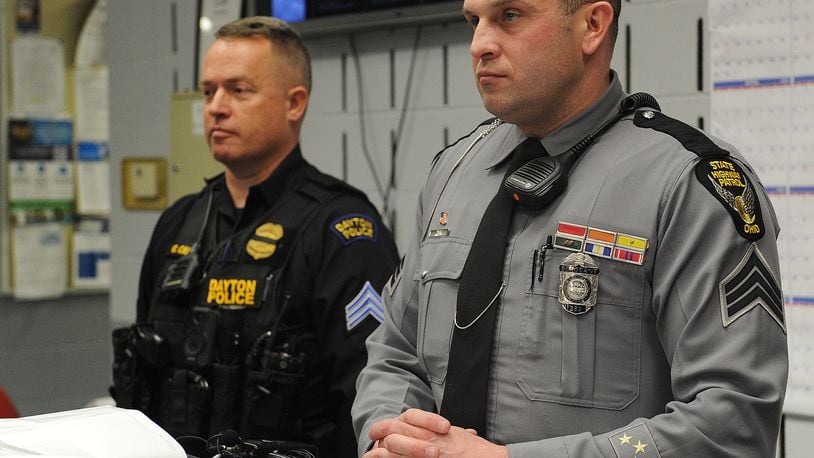 Dayton Police Sgt. Gordon Cairns and Ohio State Highway Patrol Sgt. Dallas Root gave a update Wednesday Feb. 16, 2022, on OVIs from last year as well as Super Bowl patrols. MARSHALL GORBY\STAFF