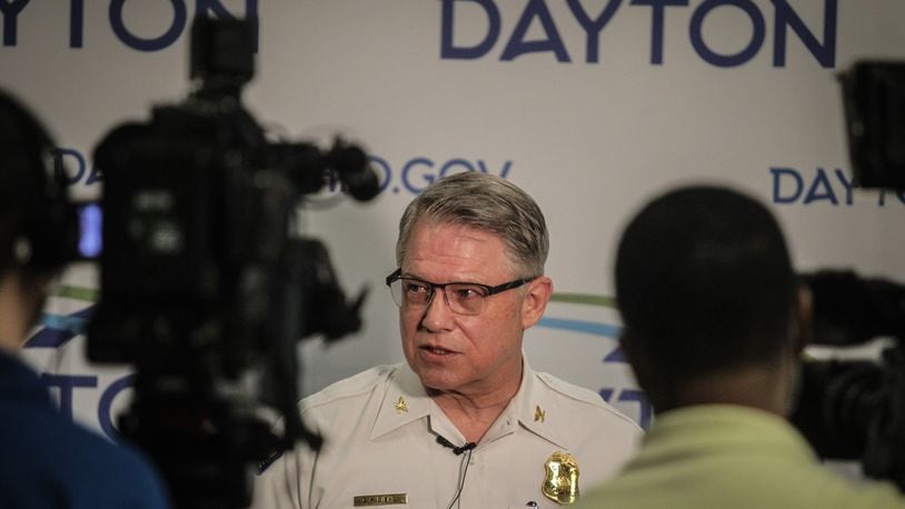 Dayton Police Chief, Richard Biehl talks to the press Monday May 24, 2021 at the city hall council chambers. JIM NOELKER/STAFF