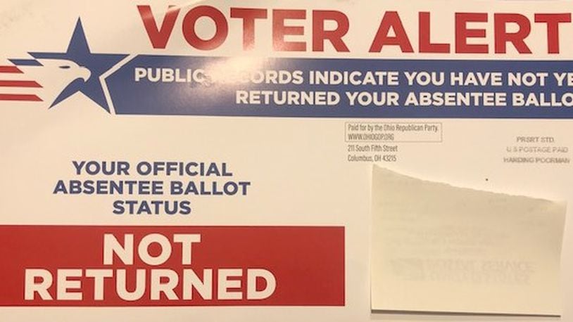 Some Dayton-area boards of election have received a high volume of phone calls about mailers like this. NICK BLIZZARD/STAFF