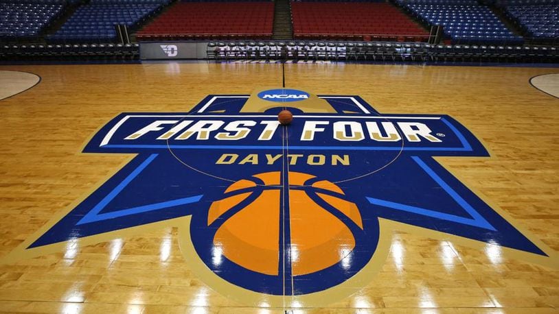 The floor, backboards and hoops were ready for the NCAA First Four games at UD Arena in March 2017. FILE