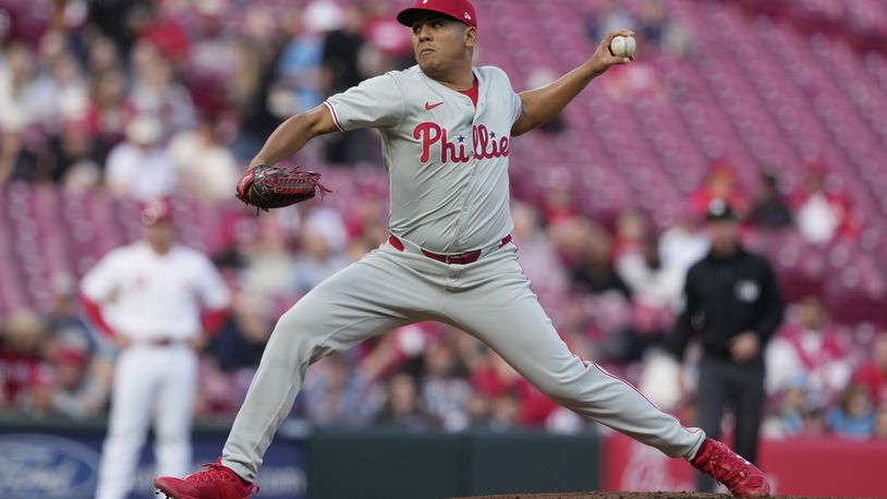 Philadelphia Phillies starting pitcher Ranger Suárez throws in the first inning of a baseball game against the Cincinnati Reds, Monday, April 22, 2024, in Cincinnati. (AP Photo/Carolyn Kaster)