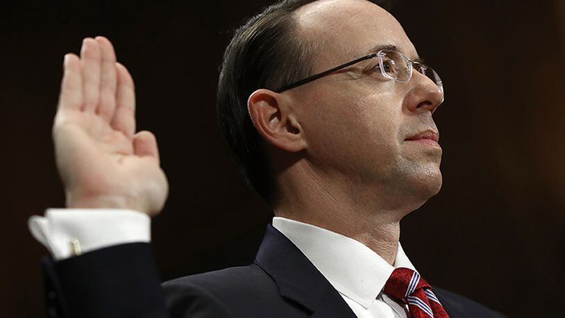 Deputy U.S. Attorney General nominee Rod Rosenstein is sworn in prior to testimony before the Senate Judiciary Committee March 7, 2017 in Washington, D.C. During the hearing, Democratic senators pressed Rosenstein to appoint a special prosecutor in an ongoing federal inquiry into Russian influence in the U.S. presidential election.