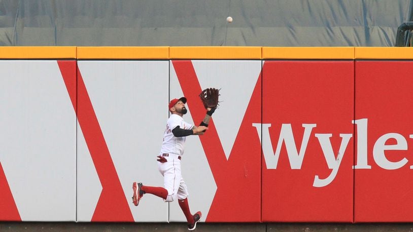 Reds right fielder Nick Castellanos makes a catch against the Royals on Tuesday, Aug. 11, 2020, at Great American Ball Park in Cincinnati. David Jablonski/Staff