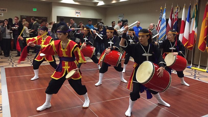 Japanese drummers from Okinawa entertain patrons at the International Fair April 16 at the Holiday Inn in Fairborn. The fair brought together the cultures of 19 countries with partnership ties to Wright-Patterson Air Force Base. (Skywrighter photo/Amy Rollins)