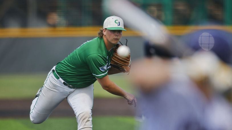 Chaminade Julienne's Jackson Frasure pitches during their 5-1 win over Cincinnati Hills Christian Academy in their regional semifinal baseball game Thursday, June 1, 2023 in Mason. NICK GRAHAM/STAFF