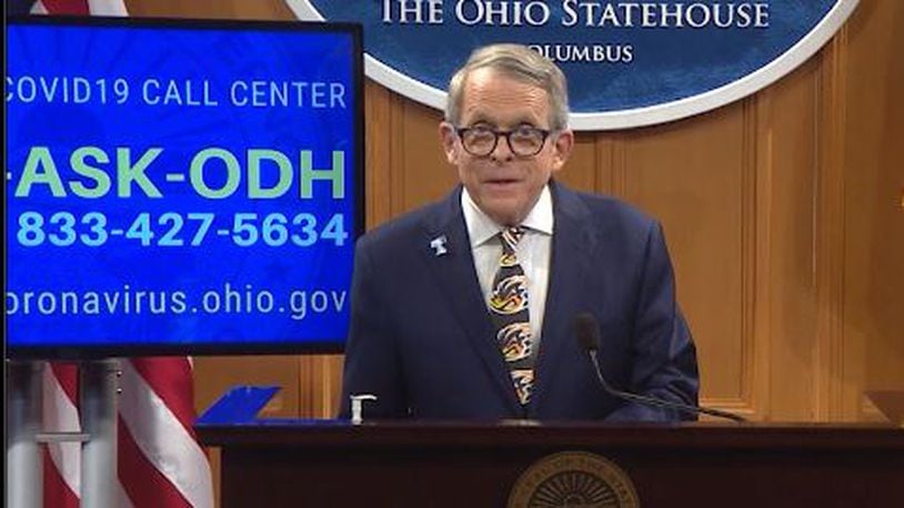 Gov. Mike DeWine speaks during a daily press conference on the coronavirus at the Ohio Statehouse Friday, April 17, 2020.
