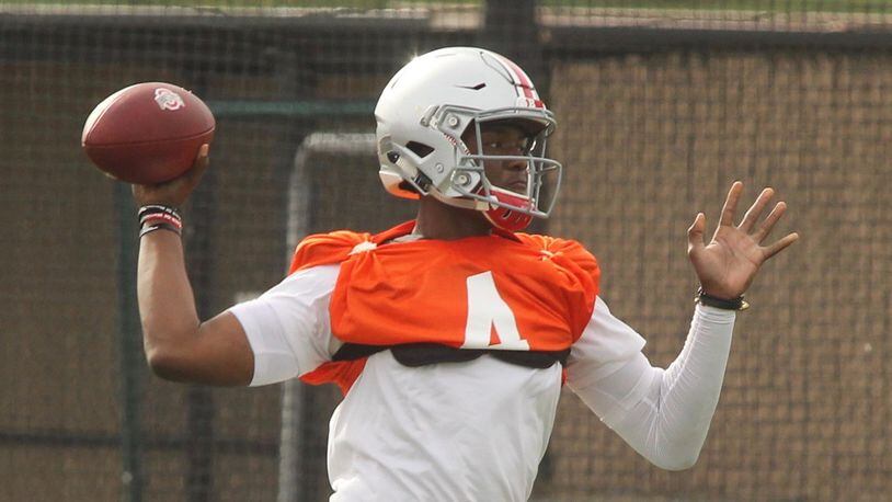 Ohio State’s Dwayne Haskins throws a pass during a Fiesta Bowl practice at Notre Dame Prep Academy on Wednesday, Dec. 28, 2016, in Scottsdale, Ariz. David Jablonski/Staff