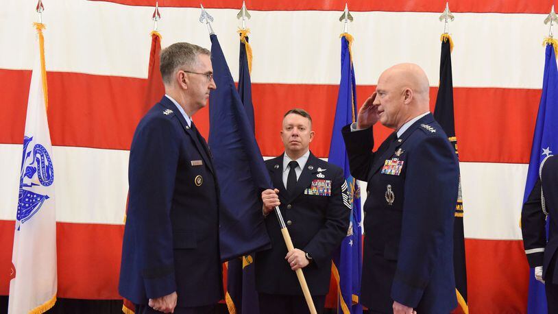 Gen. Jay Raymond, Air Force Space Command commander, becomes the Joint Force Space Component commander in a ceremony Dec. 1, 2017, at Peterson Air Force Base, Colo. U.S. Air Force photo