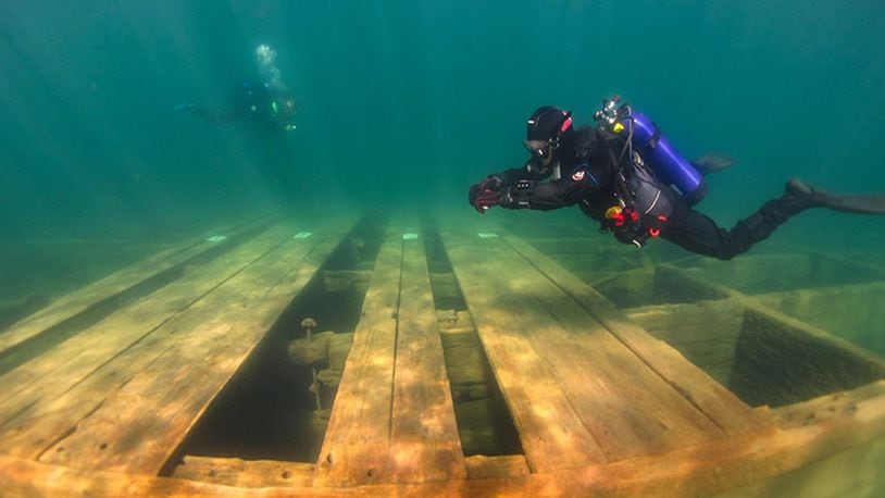 California’s first maritime heritage underwater trail showcases historic recreational boats and barges that have sunk to the bottom of Emerald Bay in Lake Tahoe. (Mylana Haydu/Indiana State University/Center for Underwater Science)