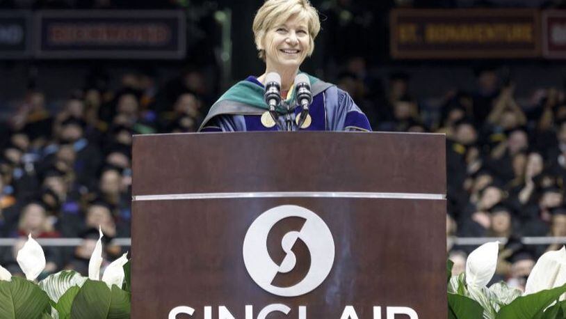 Sue Desmond-Hellmann, CEO of the Bill and Melinda Gates Foundation, spoke Sunday at the Sinclair Community College graduation. ANDY SNOW/PHOTO