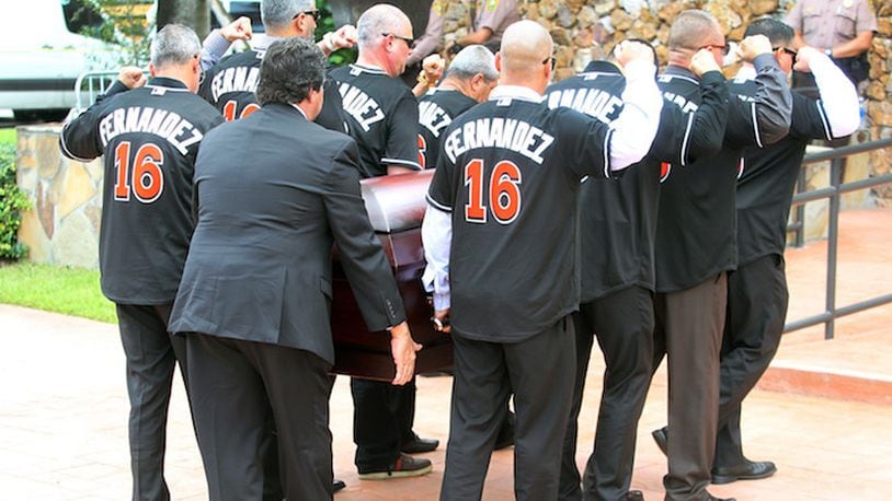 Family and friends carry the casket of Miami Marlins pitcher Jose Fernandez before a memorial service at St. Brendan Catholic Church in Miami, Fla. on Thursday, Sept. 29, 2016. (Roberto Koltun/El Nuevo Herald/TNS)