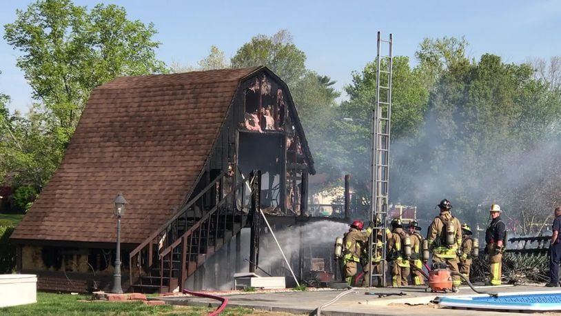 Miami Valley Fire District crews responded to a pool shed fire on Jane Avenue in Miami Twp. on Tuesday, April 27, 2021. STAFF / JIM NOELKER