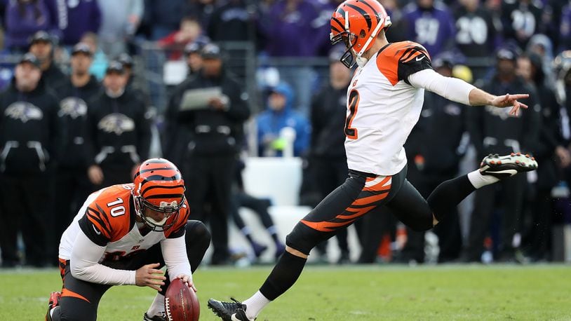 BALTIMORE, MD - NOVEMBER 27: Kicker Mike Nugent #2 of the Cincinnati Bengals kicks a fourth quarter field goal against the Baltimore Ravens at M&T Bank Stadium on November 27, 2016 in Baltimore, Maryland. (Photo by Rob Carr/Getty Images)