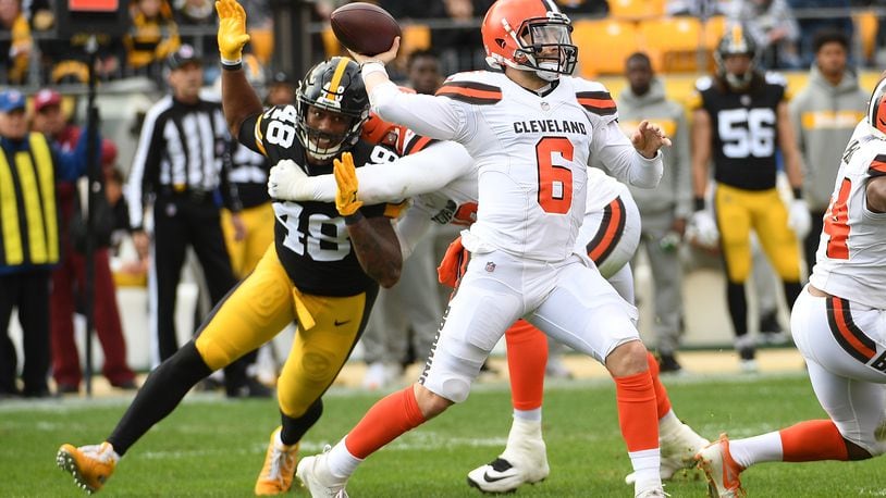 Baker Mayfield #6 of the Cleveland Browns drops back to pass during the first quarter in the game against the Pittsburgh Steelers at Heinz Field on October 28, 2018 in Pittsburgh, Pennsylvania. (Photo by Justin Berl/Getty Images)