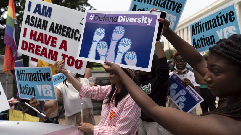 FILE - Demonstrators protest outside of the Supreme Court in Washington, in this June 29, 2023 file photo, after the Supreme Court struck down affirmative action in college admissions, saying race cannot be a factor. (AP Photo/Jose Luis Magana)