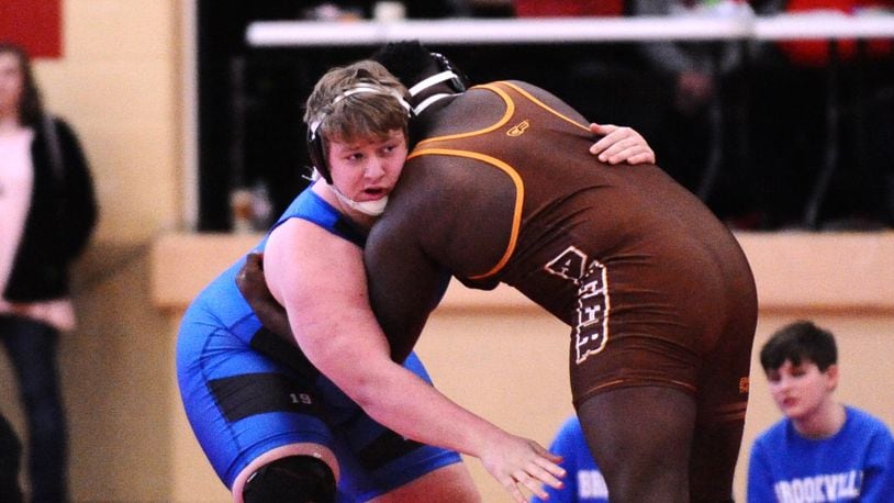 Brookville High School heavyweight Jon Mitchell (blue) has a 17-6 record with 14 pins this season. He finished second at the Milton-Union Invitational on Saturday. Greg Billing / Contributed