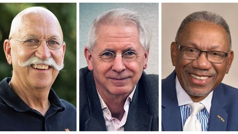 The candidates running in the May 4 election to replace Dayton Mayor Nan Whaley are (from left) Rennes Bowers, Gary Leitzell and Jeff Mims Jr. The top two vote getters will face off in November to succeed Whaley, who isn’t seeking re-election.