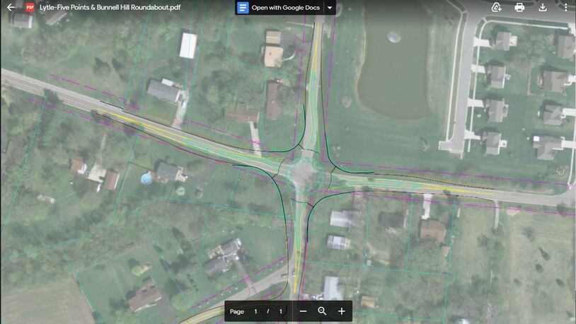 This is an aerial photo depicting how the roundabout would be constructed at Lytle-Five Points and Bunnell Hill roads in Clearcreek Twp. Below the roundabout, the project will also realign and relocate the intersection of Red Lion-Five Points Road with Bunnell Hill Road to make it safer for motorists. The $1.73 million project is slated for completion on Sept. 25. CONTRIBUTED/WARREN COUNTY ENGINEER'S OFFICE