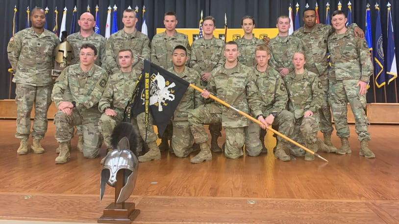 Winning Central State University Maurader Battalion Cadre. Pictured from left to right are: (front row) CDT Justice Bassette, CDT Caleb Kowalewski, David Abraham, CDT Hayden Stokes, CDT Ethan McCall (Squad Leader), CDT Moriah Barber and (back row) LTC Samuel Dallas Jr, MSG John Meyer, CDT Enoch Flint, CDT Caleb Arreguin, CDT Skyler Arny, CDT Cynthia Stokes, CDT Daniel Heiple, CPT Devan Cureton, and the current Cadre Officer in Charge 1LT Harald Juergens. Photo courtesy Central State University.