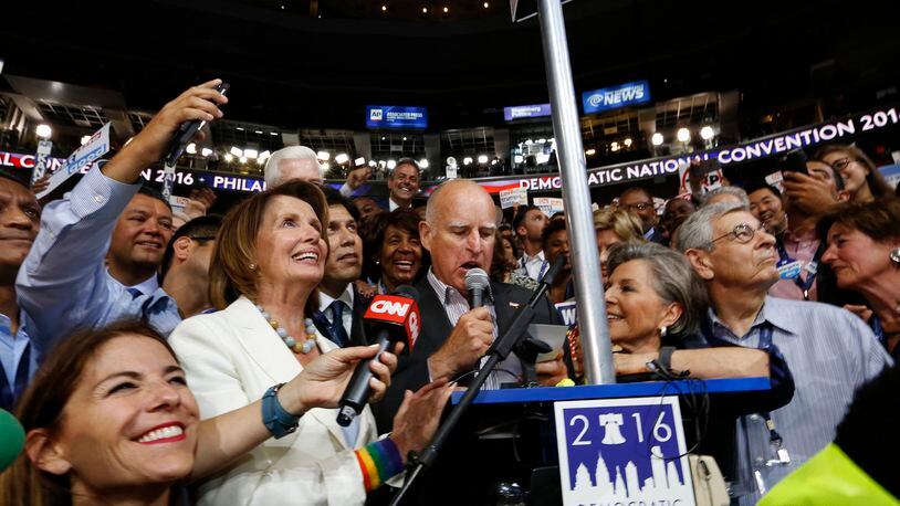 Members of the California delegation, including Rep. Nancy Pelosi, Gov. Jerry Brown, and Sen. Barbara Boxer, announce their votes for Hillary Clinton during the roll call at the Democratic National Convention on Tuesday, July 26, 2016, at the Wells Fargo Center in Philadelphia. California lawmakers and the state's chief elections officer announced a new effort Tuesday to move the state's 2020 primary up by three months, even giving the governor power to accelerate the timeline in hopes of closely following elections in Iowa and New Hampshire.