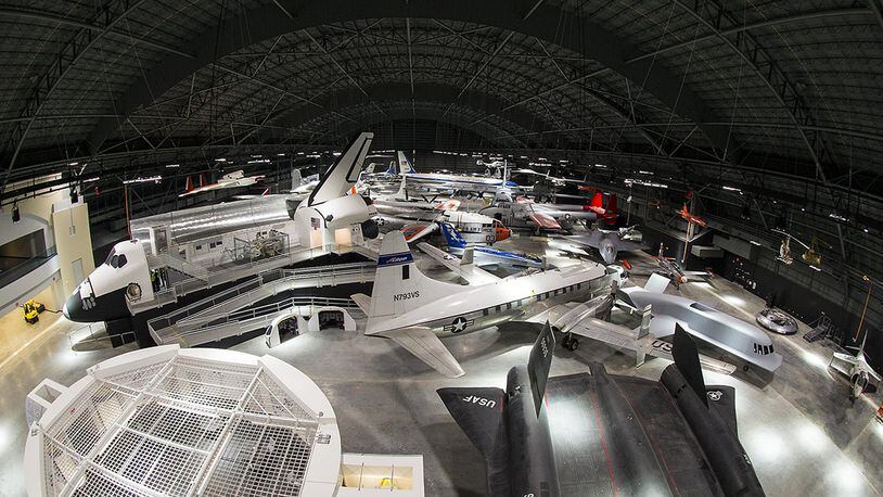 An overhead interior view of the fourth building at the National Museum of the U.S. Air Force. The fourth building includes more than 70 aircraft in four new galleries – Presidential, Research & Development, Space and Global Reach. (U.S. Air Force photo/Ken LaRock)