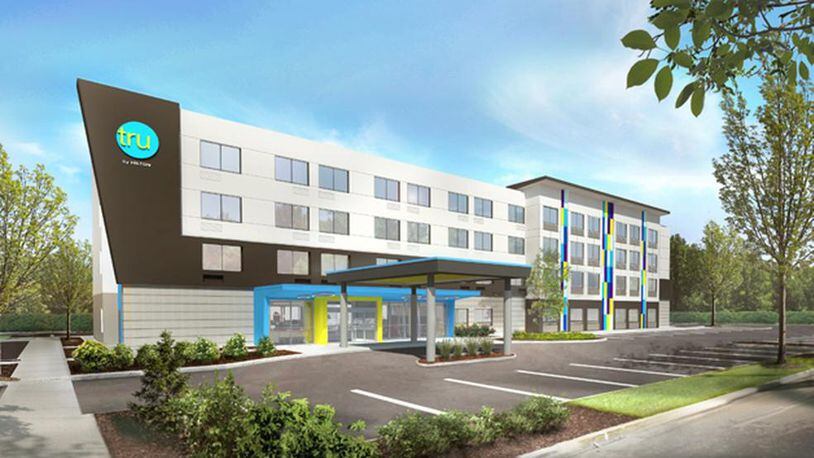 This rendering shows a typical Tru by Hilton hotel. CONTRIBUTED