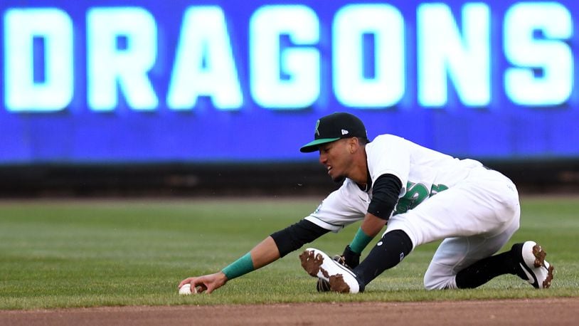 Dragons shortstop Miguel Hernandez makes a stop. Bowling Green defeated host Dayton 3-2 in a minor-league baseball season opener at Fifth Third Field on Thursday, April 4, 2019. NICK FALZERANO / CONTRIBUTED