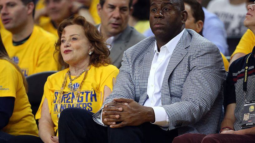 OAKLAND, CA - JUNE 04: Magic Johnson attends Game One of the 2015 NBA Finals between the Golden State Warriors and the Cleveland Cavaliers at ORACLE Arena on June 4, 2015 in Oakland, California. (Photo by Ezra Shaw/Getty Images)