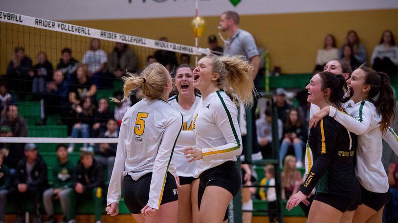 Members of the Wright State volleyball team celebrate a point against UIC on Friday, Nov. 8, 2019, at McLin Gym. The 22-4 Raiders can clinch at least a share of a Horizon League title with wins this weekend over Youngstown State and Oakland. Joseph Craven/WSU Athletics