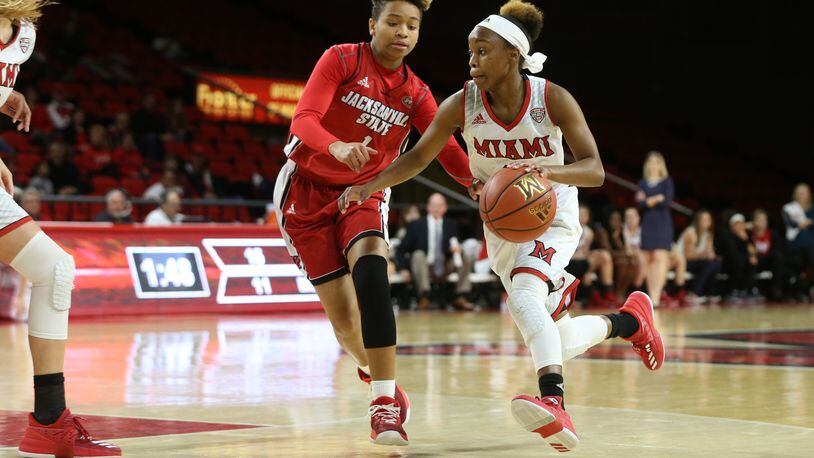 Sophomore guard Lauren Dickerson, shown in action earlier this season, leads Miami University with a 19.8 scoring average this season. PHOTO COURTESY OF MIAMI UNIVERSITY